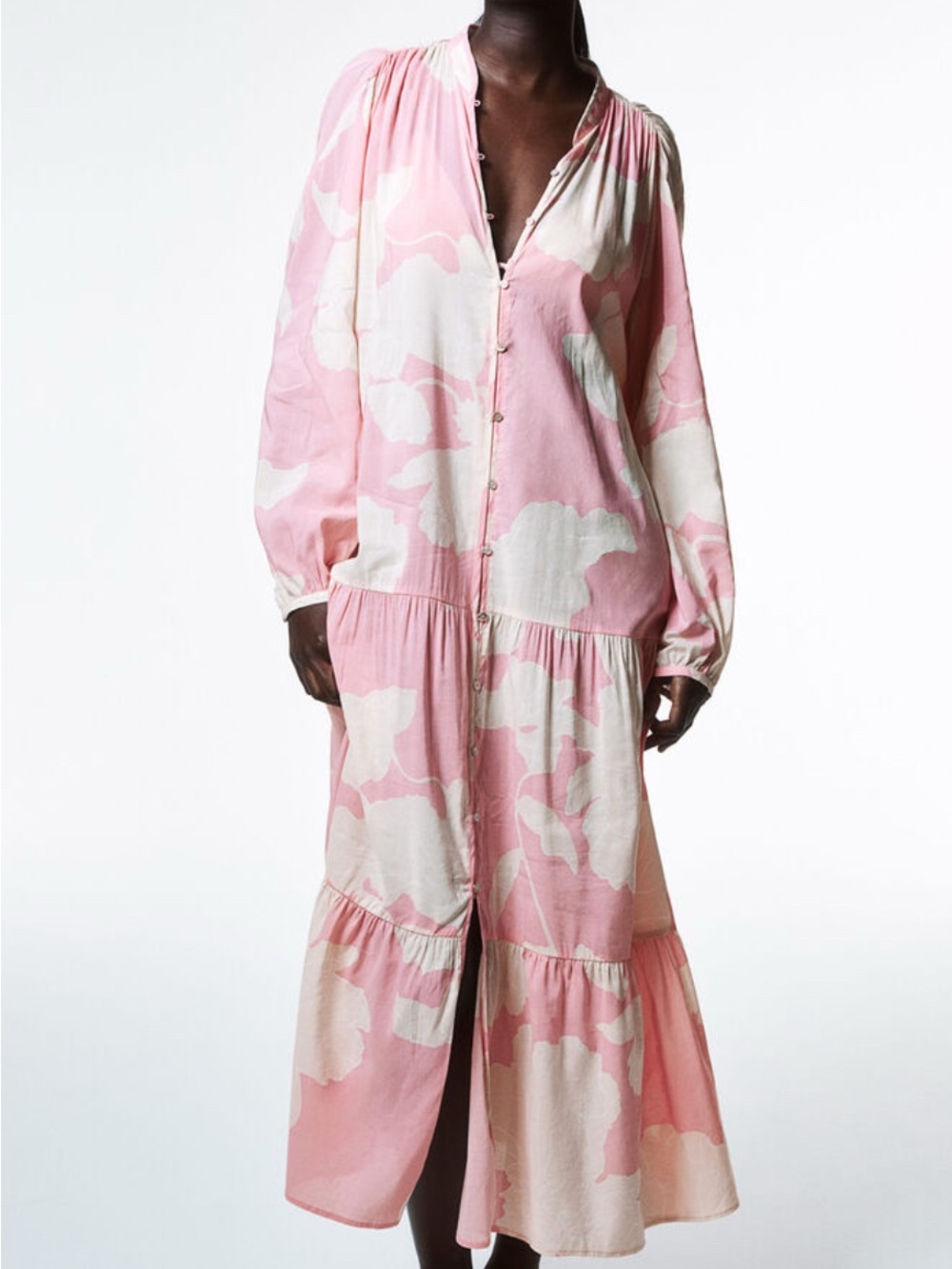 H and M Button-Front Maxi Dress in Pink and Cream